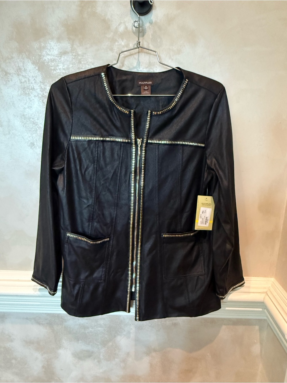 Multiples Black Leather Jacket with Silver Trim